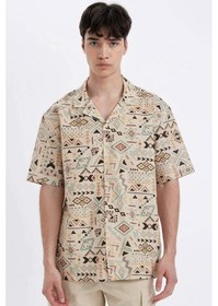 Resim DeFacto Regular Fit Yazlık Apaş Yaka Etnik Desenli Pamuklu Kısa Kollu Gömlek B7389AX24SPBG700 