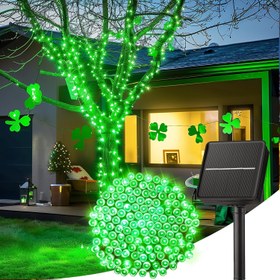Resim 100 LED Güneşli Işık Zinciri, 11.89 metre Su Geçirmez Açık Ağaç ve Bahçe Dekoru, 8 Aydınlatma Modu, Aziz Patrick Günü, Noel, Cadılar Bayramı, Şenlikli Tatil Dekorasyonları için Yeşil Peri Işıkları, 600mAh Nikel Pil ile Güneş Enerjili 