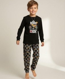 Resim Zekids Erkek Çocuk Pamuklu Born To Ride Baskılı Pijama Takımı-16820 Siyah 