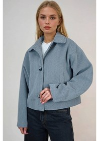 Resim Oversize Desenli Kadın Kısa Kaşe Kaban Koyu Gri 