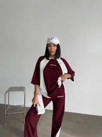 Resim Oversize Yazı Detaylı Unisex Eşofman Takımı Yüksek Bel, Dijital Baskı, Rahat Kesim Bordo 