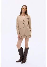 Resim Quzu 00823 Kontrast Yaka Mendil Garnili Oversize Kadın Blazer Ceket Bej 
