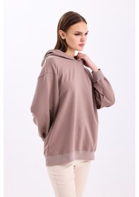 Resim Pastelastore Pamuklu Kapüşonlu 2 İplik Baharlık Oversize Sweatshirt Vizon 