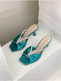 Resim NUR KARACA 23y8151 Önü Düğümlü Taşlı Saten 8cm Topuklu Terlik Kadın 