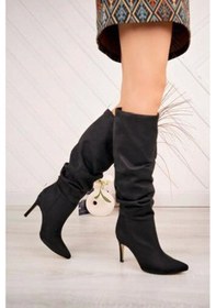 Resim Syt-2003 Siyah Süet Körüklü İnce Topuklu Günlük Bayan Çizme Siyah 