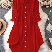 Resim Kadınlar İçin Tek Renk Yaka Düğmeli Gömlek Elbise - Polyester, Tüm Mevsimler İçin Uzun Kollu, Ofis ve Günlük Kullanım, Makinede Yıkanabilir, Normal Kesim, Şeffaf Olmayan Kumaş 