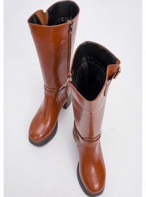 Resim Luvishoes Luvi Shoes Rock Taba Cilt Tokalı Fermuarlı Kadın Platform Topuklu Çizme Taba 