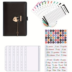 Resim Aşk kilidi ile PU Deri Para Saklama Planlayıcı Cüzdan, 12 Bütçe Sayfası, 6 Fermuarlı Torba, 2 İngiliz Renk Etiketi, 1 Sticker Sayfası, Günlük Finansal Düzenleyici Güvenlik ve Gizlilik İçin 