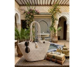 Resim Senza Atelier El Örmesi Lüks Plaj Çantası - Beyaz Gold Detaylı Jüt Tatil Çantası 