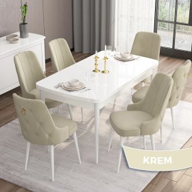 Resim Canisa Concept Are Serisi, 80X132 Açılabilir Mdf Masa, Beyaz Mutfak Masa Takımı, 6 Sandalye 