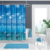 Resim Mavi Yunus Desen Banyo Perdesi-Mavi Renk Duş Perdesi, 180x200 cm Küvet Perdesi Mavi 