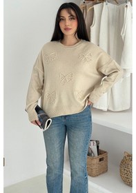 Resim Noa & Noa Kadın Kelebek Nakışlı Örgü Kazak Naif & Dekoratif Stil Bej 