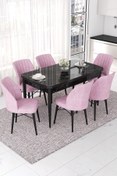 Resim Canisa Nef Serisi 70x114 Açılabilir Mdf Siyah Mermer Desen Masa Takımı Ve 6 Pembe Sandalye 