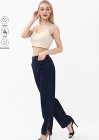 Resim Shevega Kadın Lacivert Paça Yan Yirtmaç Boyfriend Bol Paça Pantolon Lacivert 