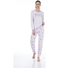 Resim Estiva Desenli Uzun Kol Viskon Bayan Pijama Takım Lila 
