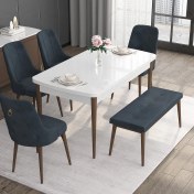 Resim Canisa Concept Noa Serisi, 80X132 Açılabilir Mdf Masa, Beyaz Masa Ceviz Ayak Masa Takımı, 4 Sandalye 1 Bench 