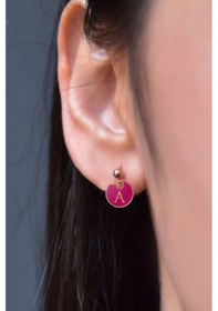 Resim 925 Ayar Gümüş Rose Kaplama Pembe Mine A Harf Çivili Küpe Pembe 