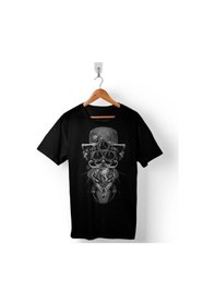 Resim Creepy Fantasmagorık Skull Cat Baskılı Tişört Unisex T-shirt 001 