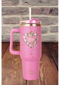 Resim Pipetli 1,2 Litre Kulplu Çelik Termos Renkli Üzeri Taş İşlemeli - Pembe Pembe 