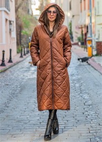 Resim Keyifli Moda Kadın Kahverengi Kapüşonlu Baklava Desen Büyük Beden Uzun Şişme Kaban 