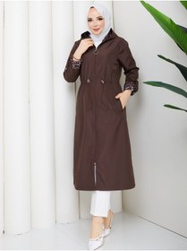 Resim RACE FASHİON Leopar Desenli Bondit Kumaş Beli Lastikli Kapüşonlu Tesettür Trençkot RC1205010 