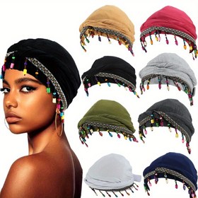 Resim 1 adet Ohrmbya Kadın Moda Boncuklu Saç Bandı Şapka, Çift Katmanlı Saten Astar, Kıvrılmış Kuyruk, Ayarlanabilir Üst Giyim ile Sting Sticker, Nem Emici, Her Mevsim, Sadece Elde Yıkama, Modal Malzeme, Çok Yönlü Başlık | Şık Türban | Saten Astarlı Şapka, Boncuklu Moda Başlık 
