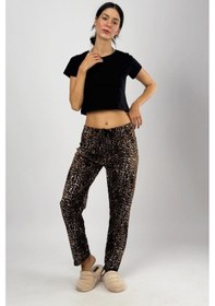 Resim Kadın Kadife Pijama Altı Eşofman Pamuklu Leopar 