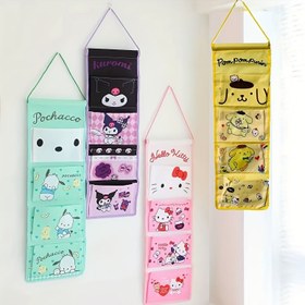 Resim Sanrio Cinnamoroll Kuromi Twin Stars Melody Big Ear Dog 4-Compartment Hanging Storage Bag for Home Kitchen, Wall-Mounted Behind Door 