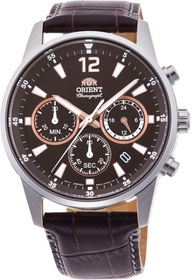 Resim Orient RA-KV0006Y10B 42 mm Kronolu Deri Kordonlu Erkek Saati Kehribar Tesbih Hediyeli 