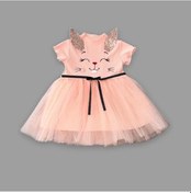 Resim 1-2-3 Yaş Payetli Kulak Tavşan Baskılı Kız Bebek Elbisesi Pudra Pudra 