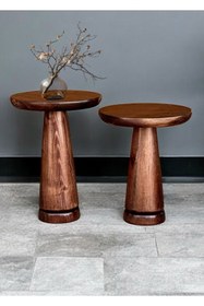 Resim ASELYA HOME Ahşap 2’li Set Mantar Yan Sehpa Modern Ceviz Renk Fiskos Zigon Çiçeklik 