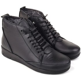 Resim Papuç Sepeti 4290 Hakiki Deri Kürklü Ortopedik Termo Taban Anne Bot Siyah 