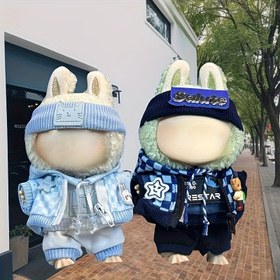 Resim 16.0-16.99 cm Bebek Kıyafetleri Aksesuar Seti, Trendy Ekose Hoodie + Başlık, LABUBU Bebek Kıyafetleri Süslemeleri, Bebek Dahil Değil, Sadece Giyim Seti 
