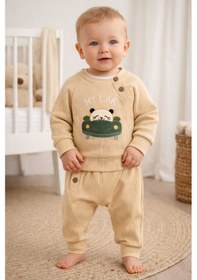 Resim Kabartma Baskılı Oversize Geniş Kalıp Alt Üst Bebek Takım Raporlu %100 Pamuk Bej 