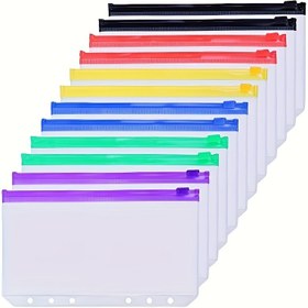 Resim A6 Renkli Dosya Cebi 6 Delikli Bütçe Nakit Zarfları, Bütçeleme İçin Şeffaf Fermuarlı Dosya Torbaları 6 Halkalı Bütçe Bağlayıcı İçin Gevşek Yaprak Torbaları, Su Geçirmez PVC Belge Torbaları 