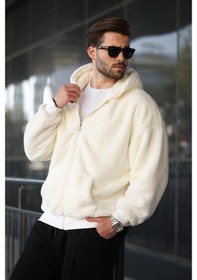 Resim Madmext Ekru Peluş Over Fit Kapüşonlu Fermuarlı Erkek Sweatshirt 6049 Ekru 