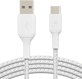 Resim Belkin BoostCharge Örgülü USB C şarj kablosu, USB-C - USB-A ara kablosu, iPhone 16, 15, Samsung Galaxy S24, S23, Pixel, iPad, MacBook, Nintendo Switch vb. için USB Type-C şarj kablosu - 3 m, Beyaz 