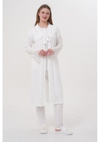 Resim Mecit Pijama Mecit 1541 Ekru Uzun Sabahlıklı Lohusa Pijama Takımı 