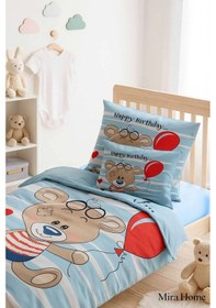 Resim Yenidoğan Erkek Bebek Nevresim Takımı %100 Pamuklu Bear Baloon Çok Renkli 