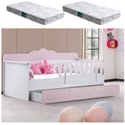Resim Yavrulu Karyola, Flower Yavrulu Montessori Karyola - Pembe + 2 Adet Comfort Yatak 
