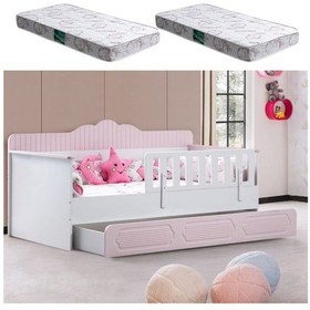 Resim Yavrulu Karyola, Flower Yavrulu Montessori Karyola - Pembe + 2 Adet Comfort Yatak 