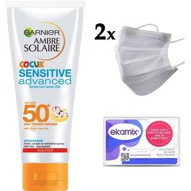 Resim Garnier Ambre Solaire Çocuk Sensitive Güneş Kremi Spf 50+ 200 ML + 2 x Maske + Ekamix Koruyucu 