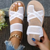 Resim Şık Kadın Yaz Sandaletleri - Ayak Parmak Döngüsü ile Nefes Alabilen File Slip-On Düz Tabanlı, Günlük Dış Mekan Kullanımı için Rahat EVA Taban, Kayışlı Sandaletler 