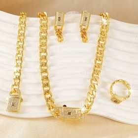 Resim 4 Parça Altın Renkli Şık Sentetik Zirkon Taşlı Bilezik, Yüzük, Kolye ve Küpe Takı Seti - Gelinler, Düğünler, Partiler için Uygun Kadın Aksesuarları - Suudi Arabistan Ulusal Bayramı Hediyesi 