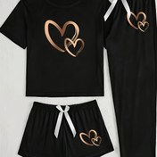 Resim Kısa Kollu Şort ve Uzun Pantolon Üç Parçalı Kadın Pijama Takımı Aşk Baskılı 