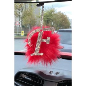 Resim Swarovski Gümüş Taşlı Dikiz Ayna Kolye Süsü Kırmızı Tüylü F Harfi 