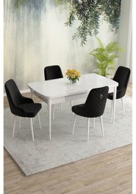 Resim Meri Serisi 80x132 Açılabilir Mdf Beyaz Masa Takımı 4 Kahve Sandalye Siyah 