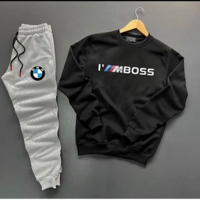 Resim NewCabin Yeni Sezon I'm Boss Baskılı Siyah Pamuklu Sıfır Yaka Sweat-pamuklu Kışlık Eşofman Altı 2'li Takım 