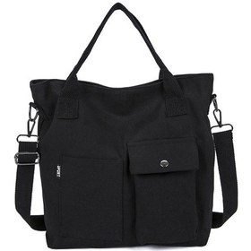 Resim Youtek Beyaz Çevre Dostu Kumaş Çanta, Üniversite/iş İçin Geniş, A4 Sığdırır, Dikişli Cep Ve Dayanıklı Askı Siyah 