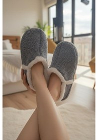 Resim Lory Kadın Ev Botu Peluş Ev Pandufu Ses Yapmaz Taban Sıcak Şık Kürklü Panduf Füme 